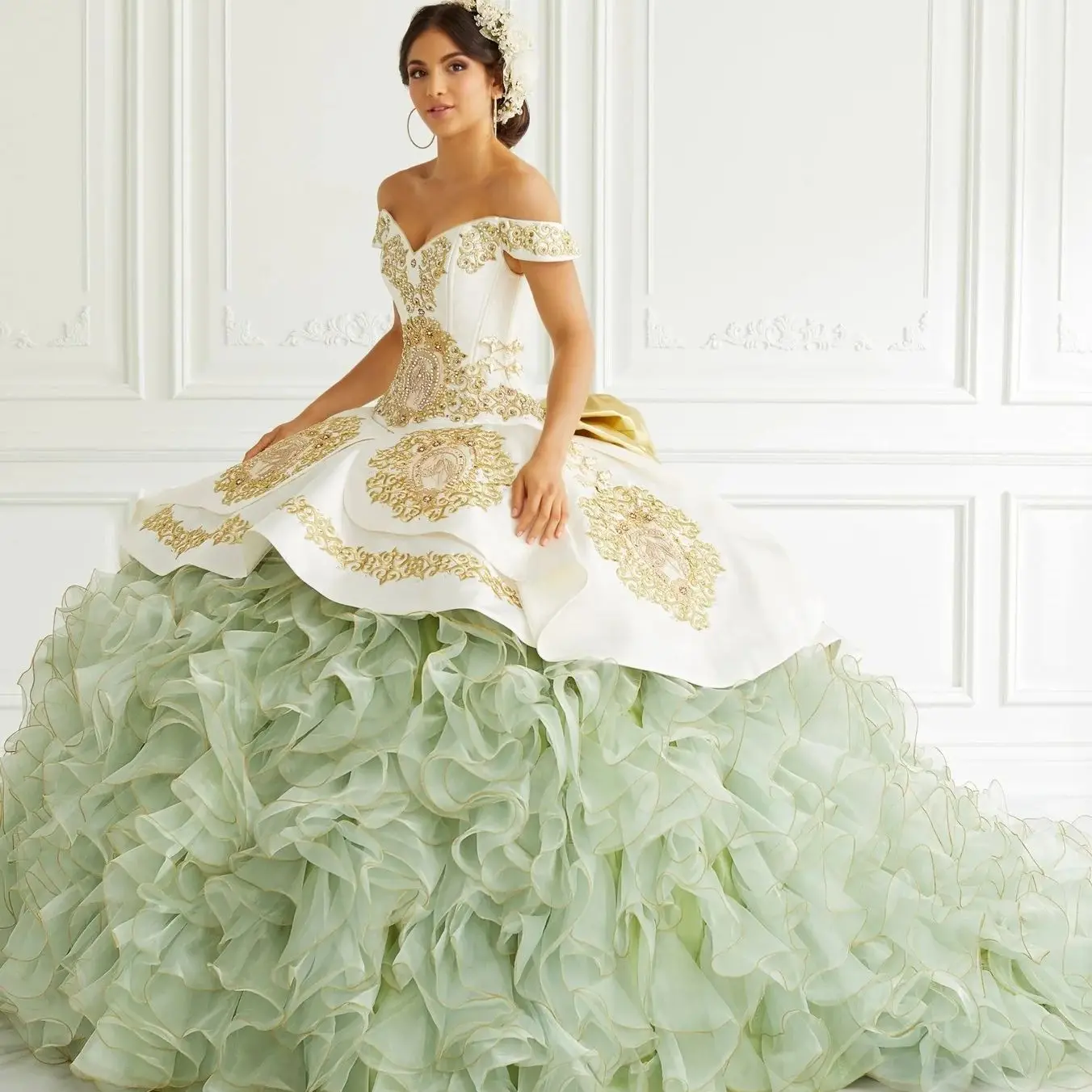 

Puffy Charro Quinceanera Dresses Ball Gown Off The Shoulder Organza Ruffles Appliques Mexican Sweet 16 Dresses 15 Anos