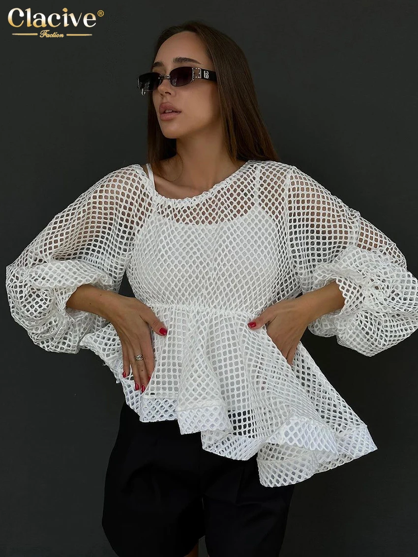 

Clacive Fashion Loose White Women'S Shirt Sexy O-Neck Puff Sleeve Shirts & Blouses Elegant Hollow Out Solid Top Female Clothing