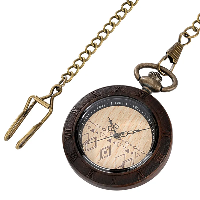 Antique Pocket Watch Rhombus Design Dial Sandalwood Wooden Quartz Analog Watches for Men Women with Pendant Chain Gift Timepiece