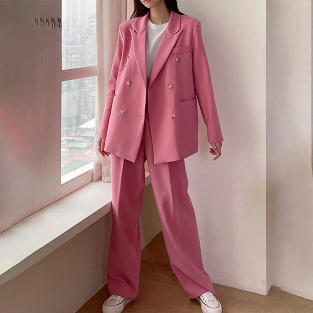 Korean Fashion Spring Autumn Women Pants Set Pink Loose Blazer Office Duble Breasted Suit Jackets Casual Pantsuit Female 2 Piece