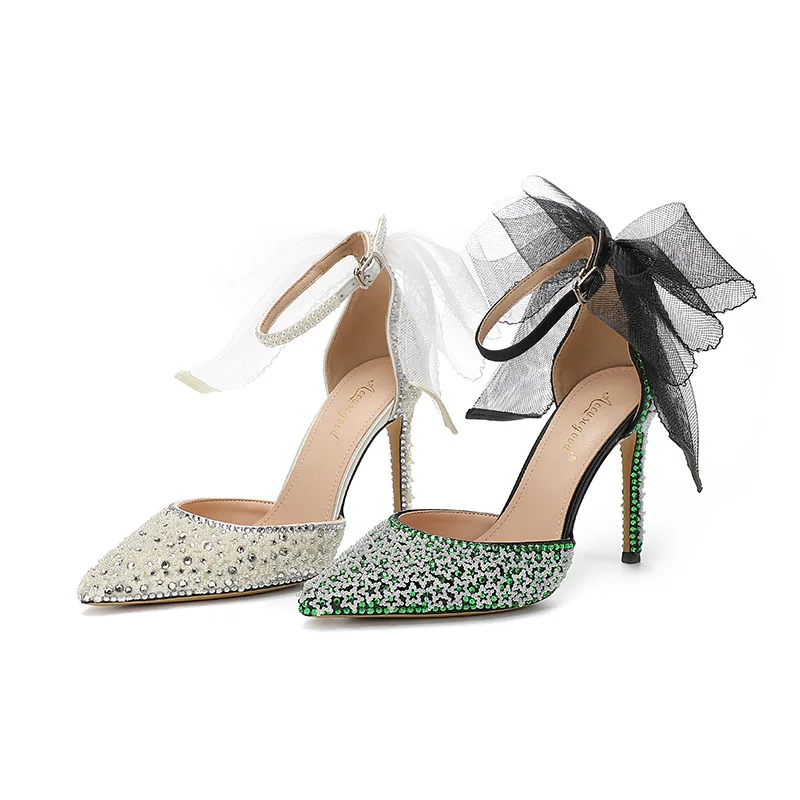 

Сандалии женские универсальные, заостренный носок, жемчуг, стразы, бант, тонкий высокий каблук, свадебная обувь, вечернее платье, большие размеры, весна/лето