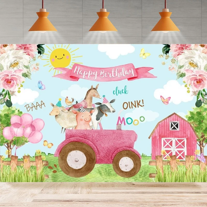 Фотофон мультфильм ферма животные розовый цветочный сарай дом зеленая трава фон