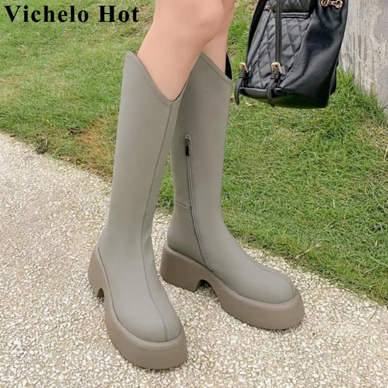 

Высокие сапоги Vichelo на толстом высоком каблуке, натуральная кожа, круглый носок, платформа, молния, простая стильная, для верховой езды