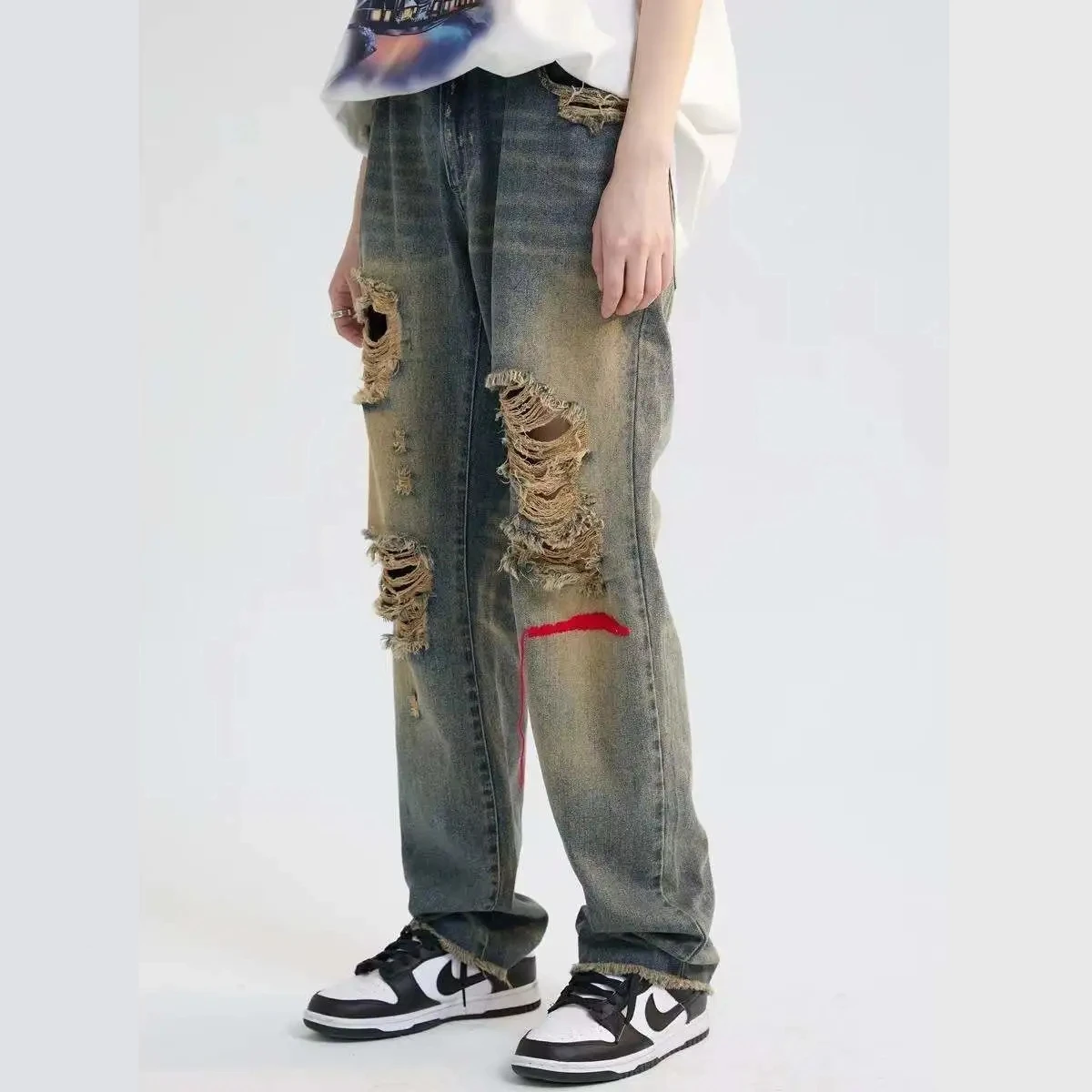 New High Waisted Ripped Jeans For Women Men Denim Pants Full Length Straight Panelled Tassel Vintage Streetwear 2022 Summer Cut