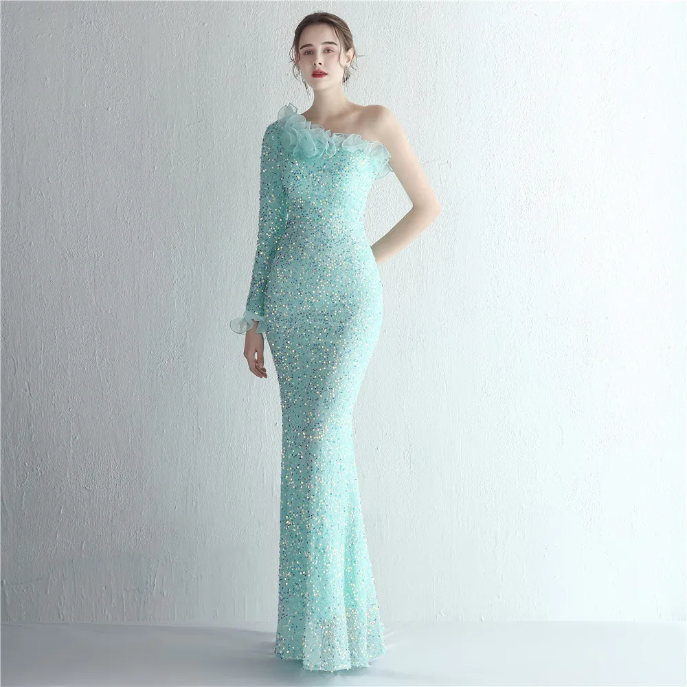 

Full Sleeves Mermaid Evening Dress Glitter Sequins Ruffles Tulle Prom Gown One Shoulder Long Pageant Guest Party Robe De Mariée