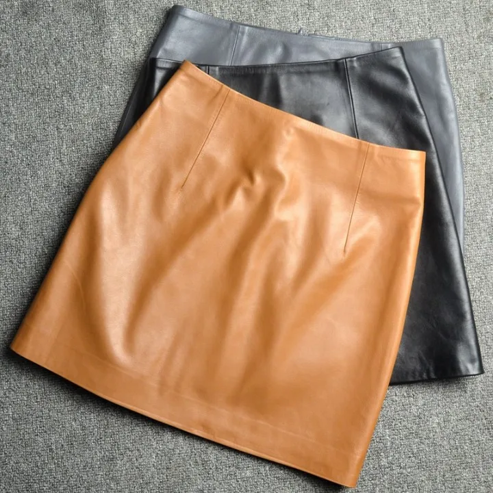 

Genuine Leather 2023 A Line Slim Fit Wrap Buttocks Short Skirt Sheepskin High Waisted Skirt Women's Pure Leather Spanking Skirt