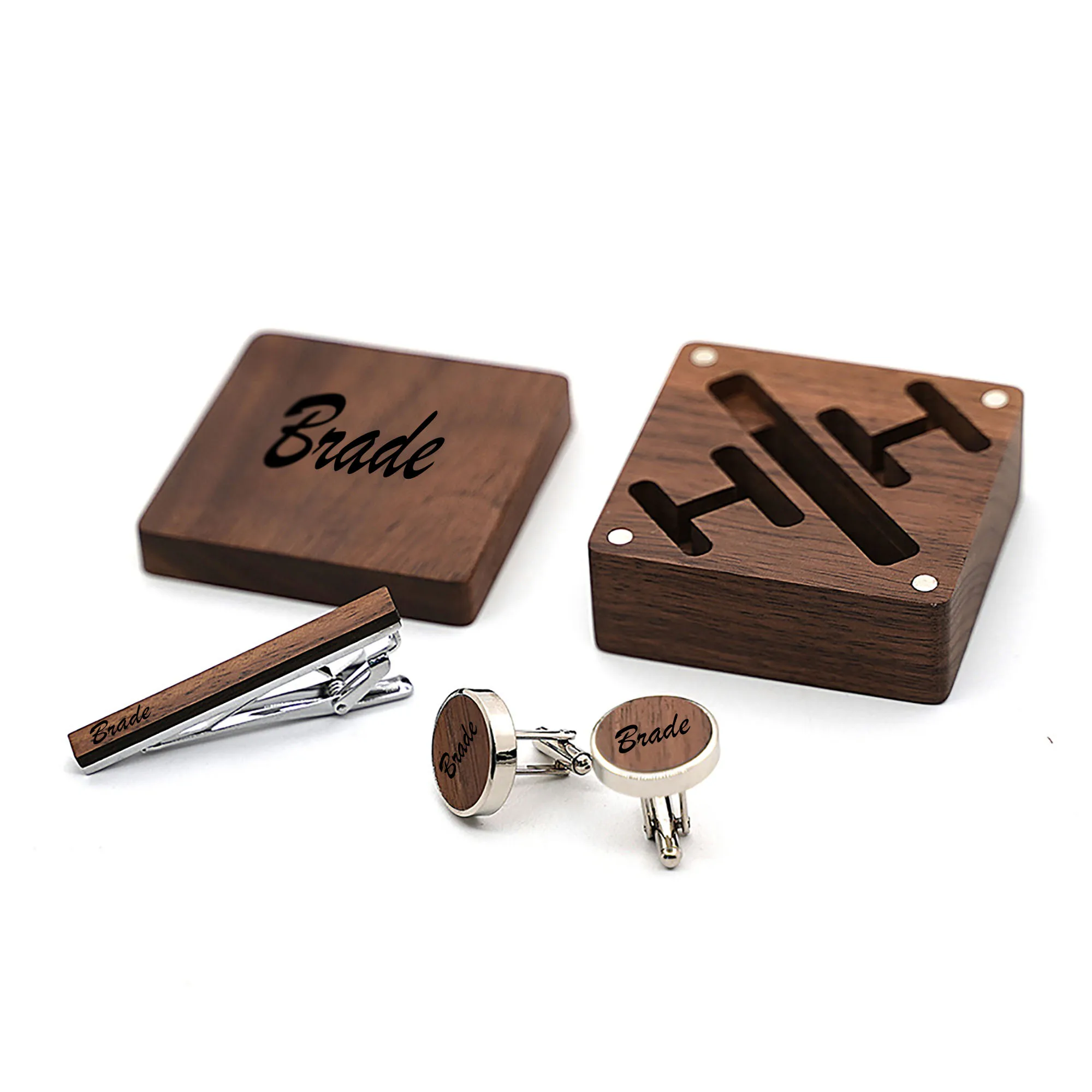 Customized Engraved Letter Wooden Cufflinks Tie Clips Black Walnut Box Jewelry Set Personalized Men Valentine Birthday Gift Male