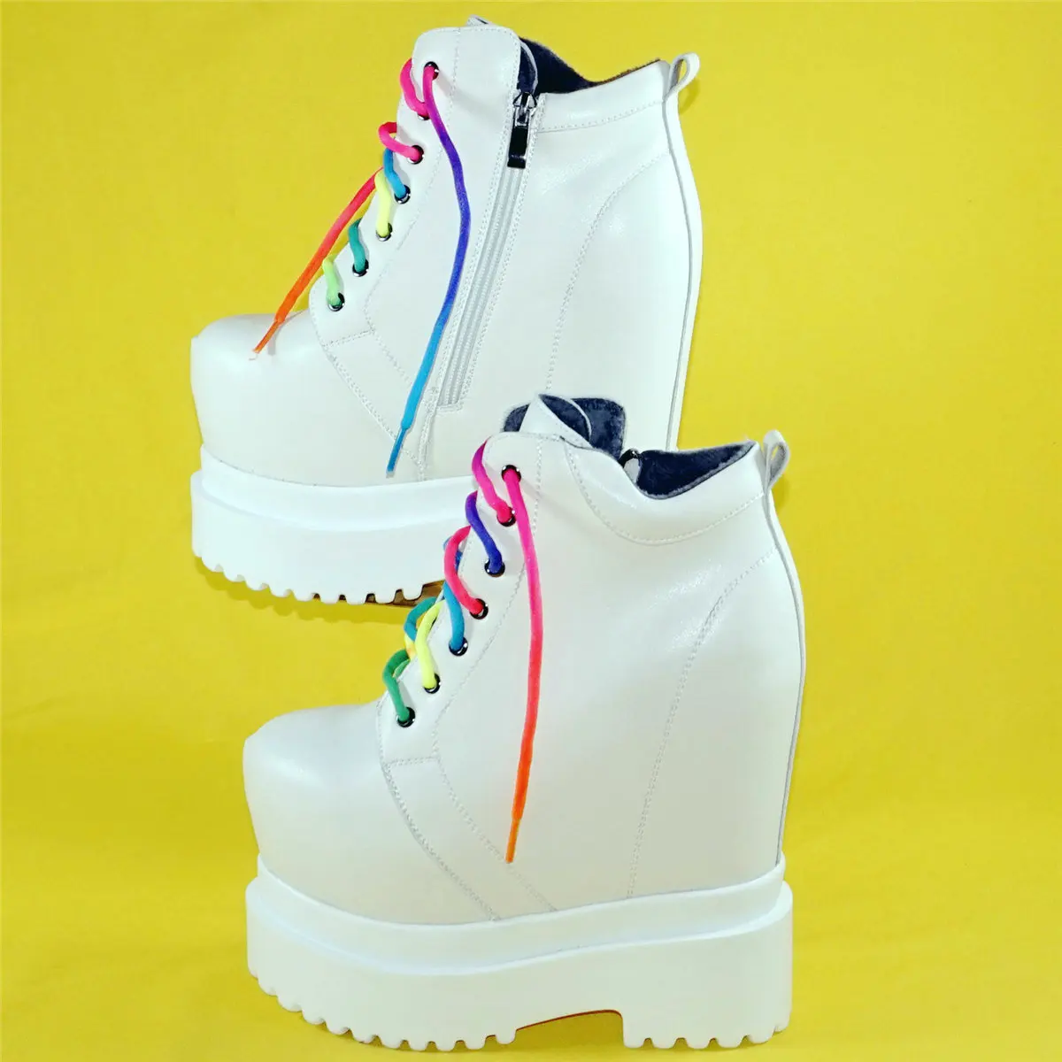 Winter Warm Pumps Shoes Women Lace Up Genuine Leather High Heel Motorcycle Boots Female Round Toe Platform Pumps Casual Shoes