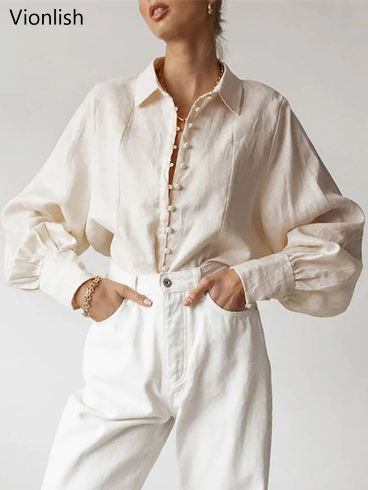 

Vionlish Chic Summer Lapel Women Single-breasted Shirts Long Sleeve Loose Casual Female Solid Blouses Tops Ladies Blusas 2022