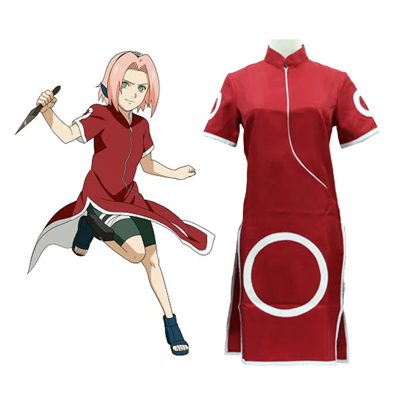

Japanese Anime Costume Haruno Sakura Cosplay Cheongsam For Girls Red Cheongsams Party Show Short Sleeves