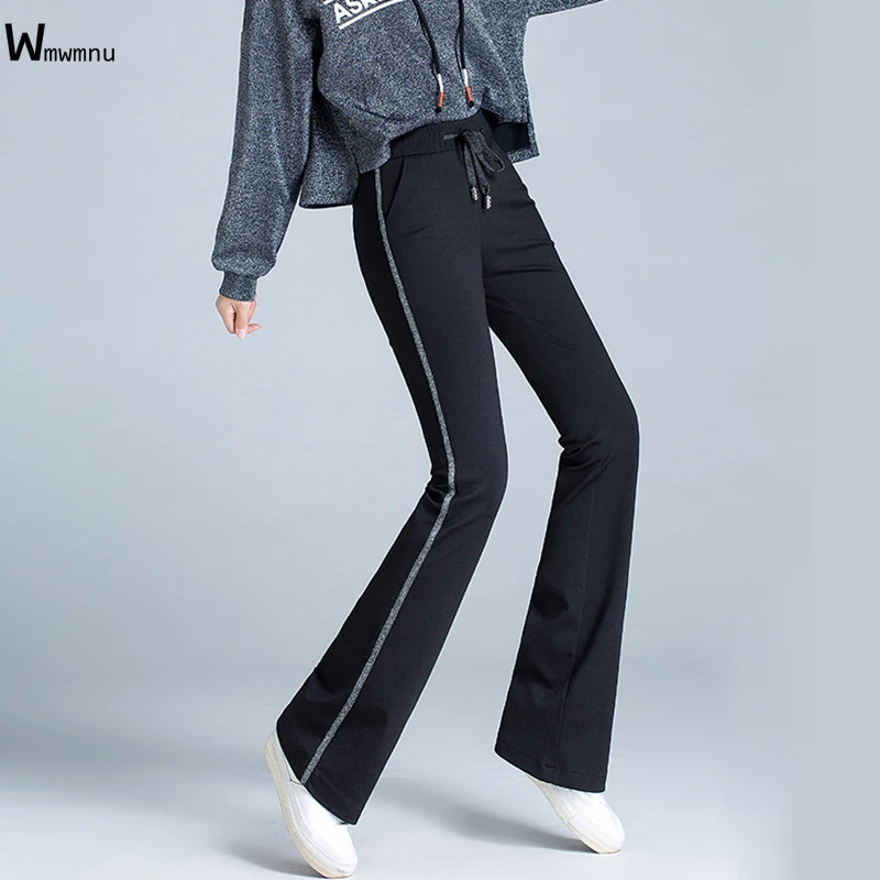 

Casual Flare Sweatpants Female Fashion Side Stripe High Waist Flare Pants Women Korean Style Slim Elastic waist Bell Bottom Pant