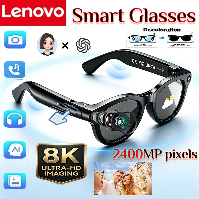 Фото Умные очки Lenovo 8K 2400MP с функцией AI, для видео и фото, с Bluetooth, для разговоров, перевода, записи и прослушивания музыки. №1