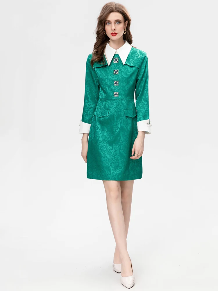 Женское жаккардовое платье с длинным рукавом отложной воротник пуговицы бисером