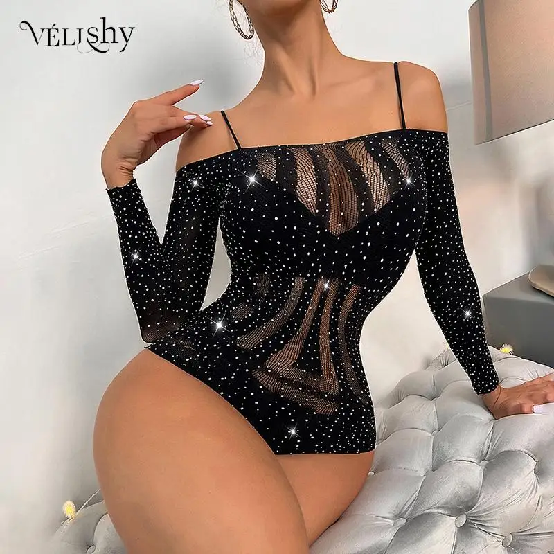 

Women's Sexy Rhinestone Fishnet Bodysuit Long Sleeve Off Shoulder Crystal Bodysuits Ladies Backless See Through Erotic Lingerie