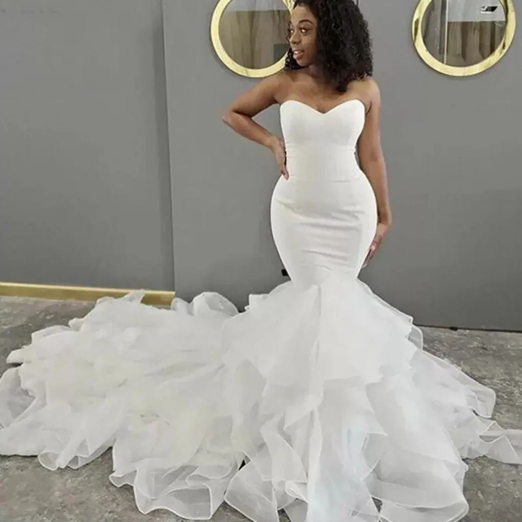 

Gorgeous Mermaid Wedding Dresses Sweetheart Organza satin Ruffles Plus Size Bridal Gowns Custom Made Robe De Mariée