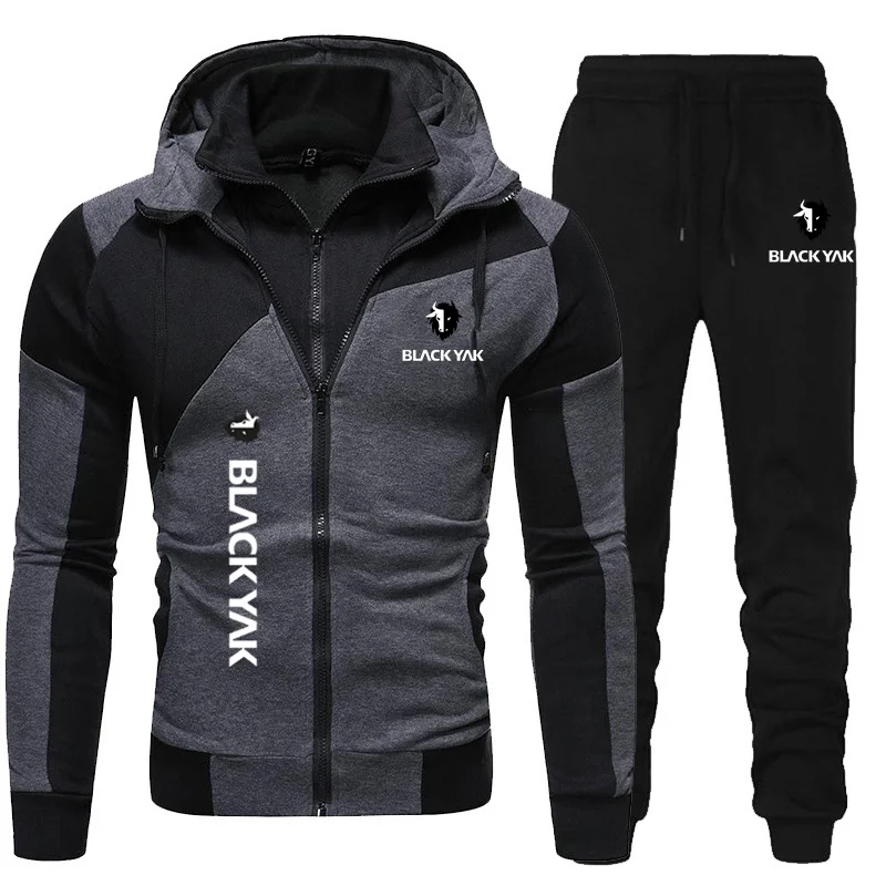 

New Casual Men's Sports Suit Fashion Hooded Splicing Zipper Jacket blackyak+ Pants Set Men's Hooded Sweater Set 2022
