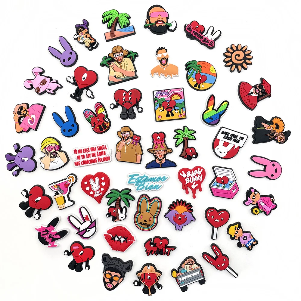 5-48PCS/Set New Arrival Bad Bunny Croc Charms PVC Shoe Decorations Clogs Sandals Wristband Accessories Jibz Holiday Party Gifts
