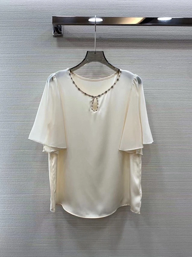 

2023 new women fashion short sleeve casual neckline nail drill straight solid color gloss high-end shirt top 0625