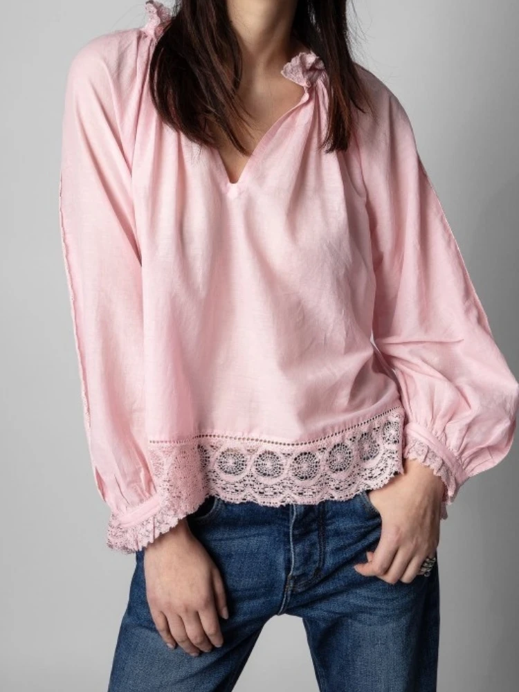 2022 Spring Autumn New Zadi Pink Lace Stand Collar Stitching Hem Women Long Sleeve Shirt Top
