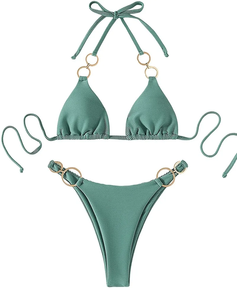 

2022 Sexy Women's 2 Piece Swimsuit Ring Halter High Cut Triangle Bikini Bathing Suit