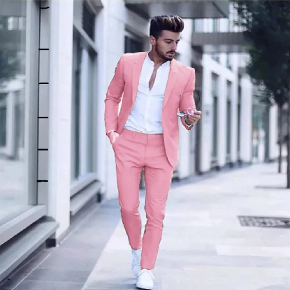 2022 Casual Fashion Luxurious Business Men's Suit for Wedding Party Tuxedos Slim Fit Peak Lapel Pink Suits Male(Jacket+Pants)