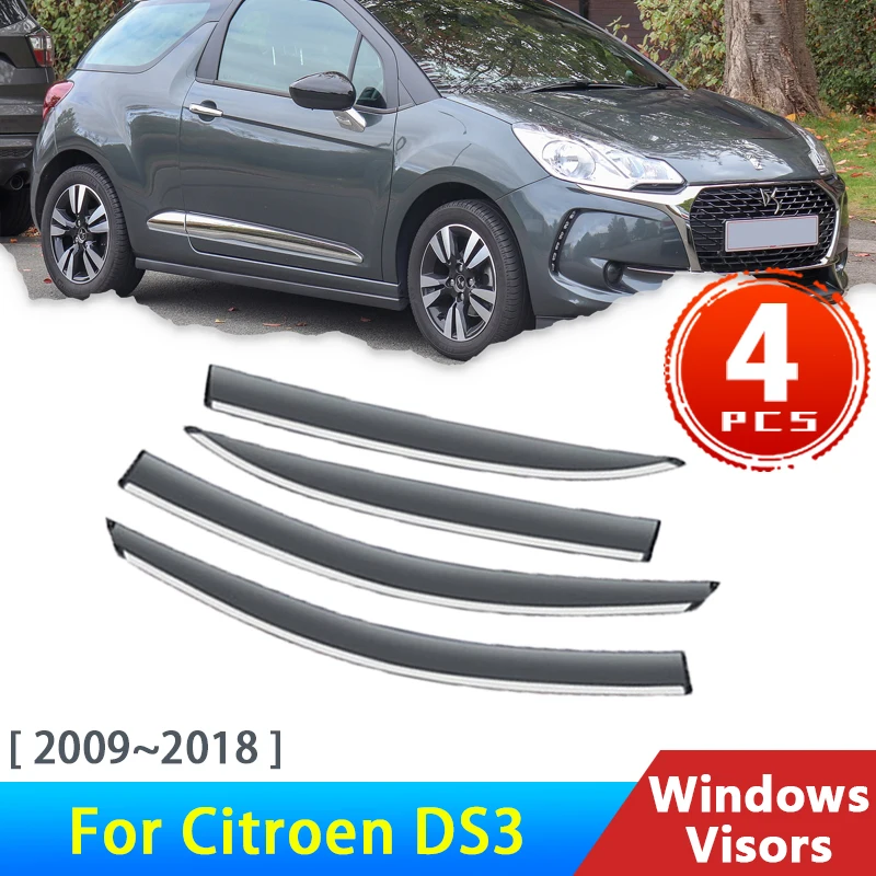 

Автомобильные оконные козырьки для Citroen DS3 2009 ~ 2018, аксессуары 4x, ветрозащитные дефлекторы, защита от дождя и бровей, навес, отделка 2011 2012 2015