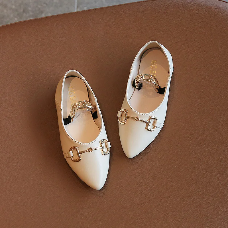 2023 Spring New Soft Chic Princess Leather Shoes Retro Metal Chains Cute Pointed-toe Flat Shallow Mary Janes Kids Fashion Solid enlarge