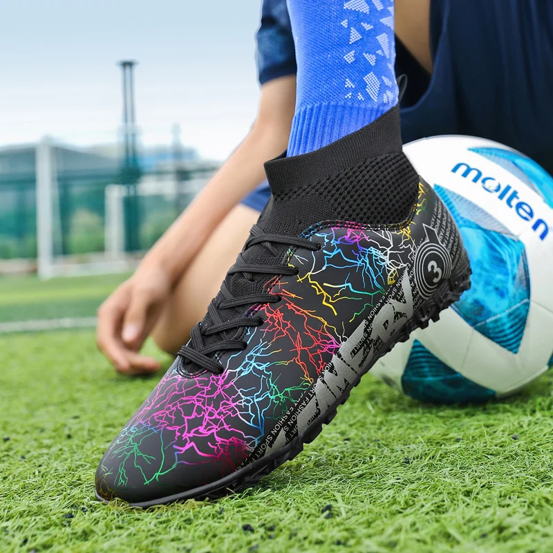 Plus Size Football Boots Man's High Ankle Outdoor Lawn Sneakers Cleats Long Spikes Teenager Soccer Shoes For Kids EUR 31-49#