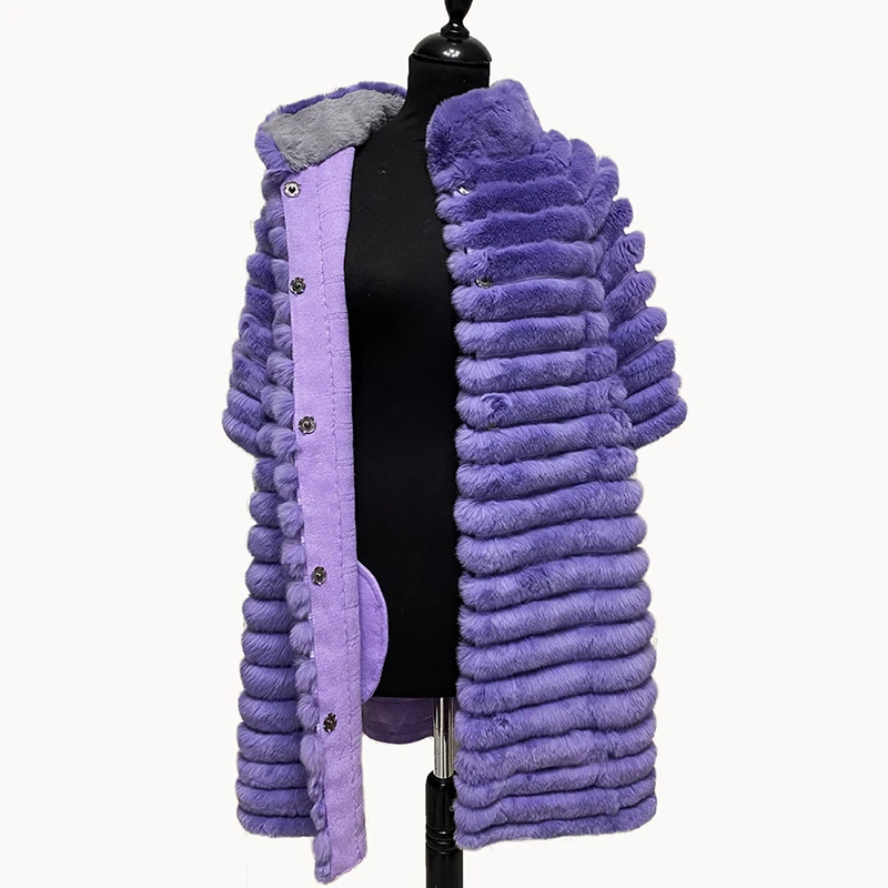 Enlarge Purple Short Sleeve Rex Rabbit Fur Coat Women Luxury Fashion Loose Outertwear 2022 New Strip Sewed Real Fur Jacket Female
