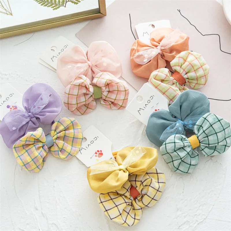 

2Pcs/Set Kids Girls Hair Ties Children Soft Sweet Hair Accessories Bows Elastic Rubber Band Plaid Chiffon Colorful Hair Ring