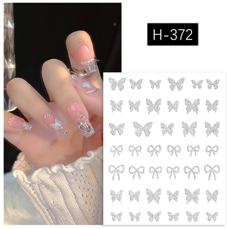 Наклейки для ногтей со сверкающими серебряными сердечками пятиугольными