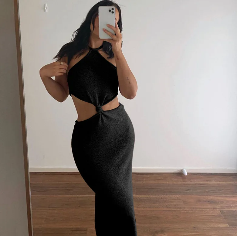

Sexy backless dress Vacation Outfits Knitted Halter Maxi Dresses For Women Elegant Dress Sets 2022 Beach Holiday Sundresses