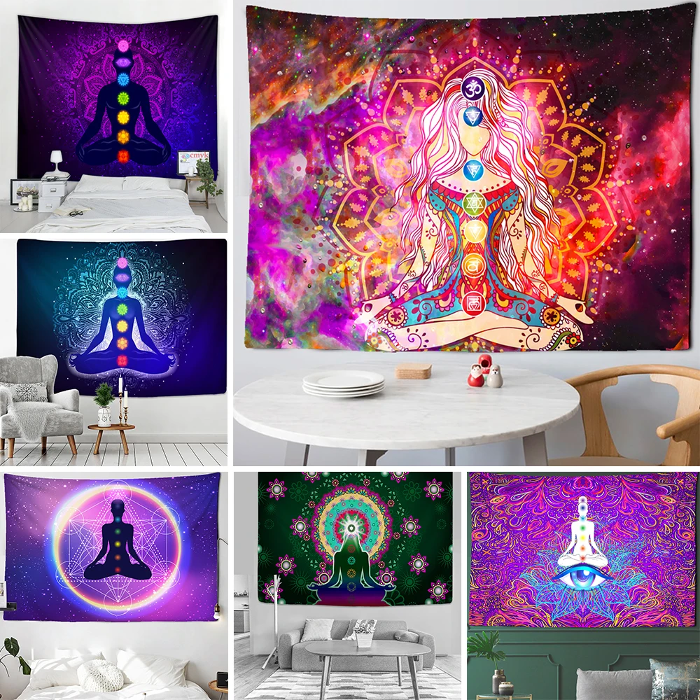 

Indian Buddha Statue Meditation 7 Chakra Tapestry Wall Hanging Mandala Tapestries Wall Cloth Psychedelic Yoga Wall Hanging