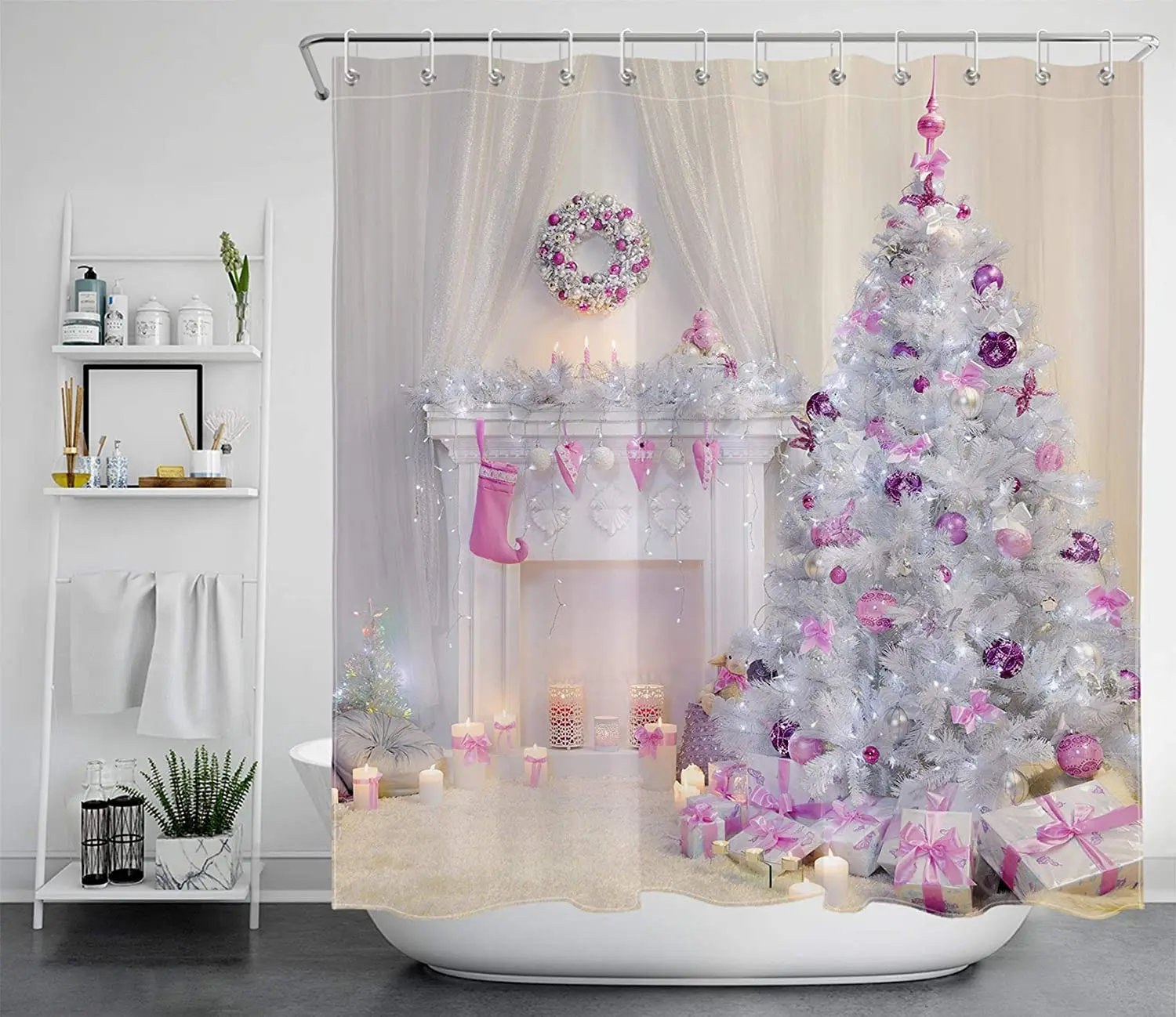 

Christmas Trees Covered by Pink Xmas Balls Gifts Fireplace Candles Bathroom Shower Curtains Set with Hooks Winter Home Decor