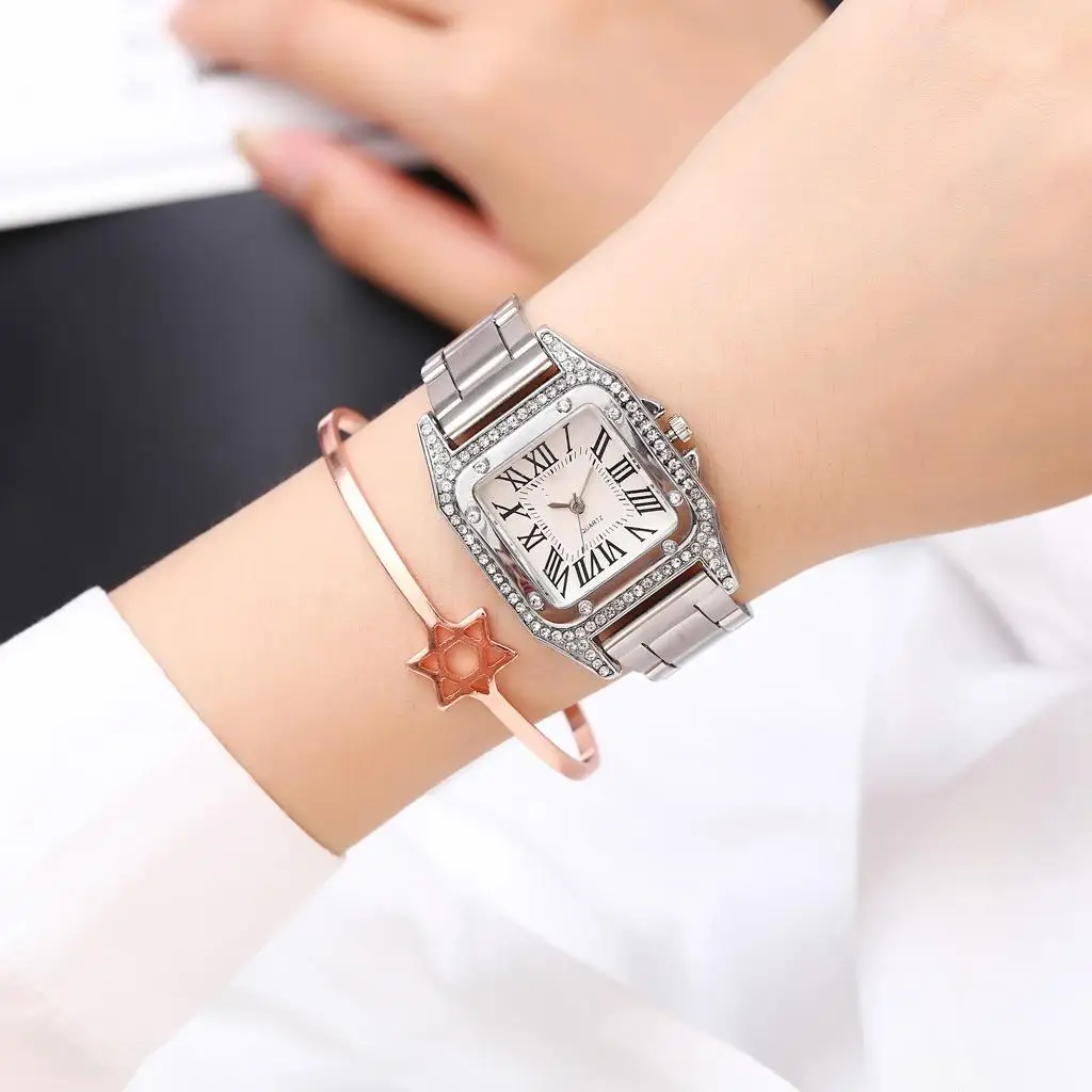 Новый стиль женские квадратные стальные ремешки кварцевые часы с римским