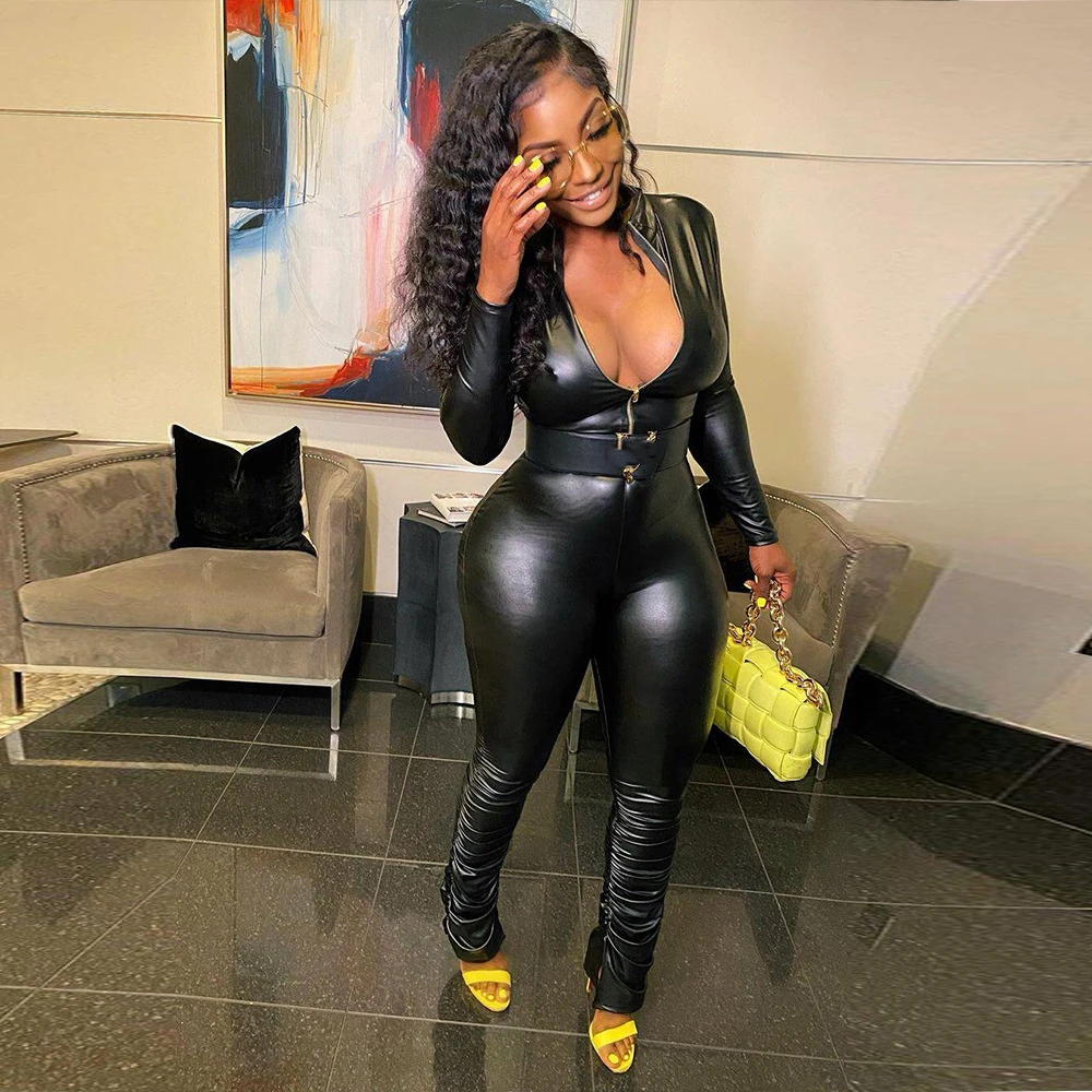 

Женский комбинезон на молнии Wishyear, черный комбинезон из искусственной кожи с V-образным вырезом и длинным рукавом, модная одежда для ночного...