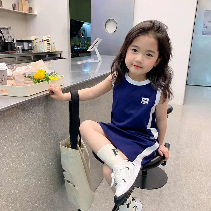 

Girls' Western-Style Vest Skirt T2022 Summer New Little Girl Short-Sleeved T-Shirt Skirt Children'S Casual Sports Dressrt