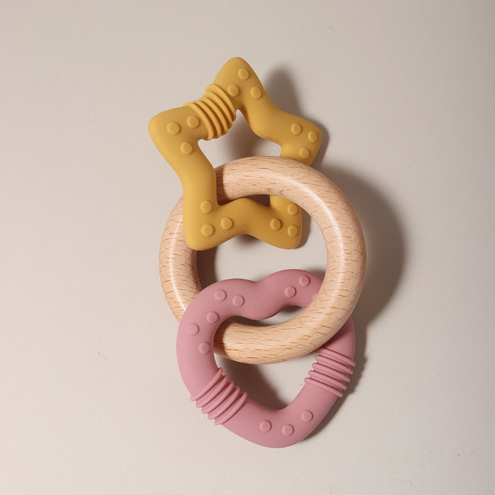 Силиконовый Прорезыватель для зубов в форме звезды и сердца с деревянным