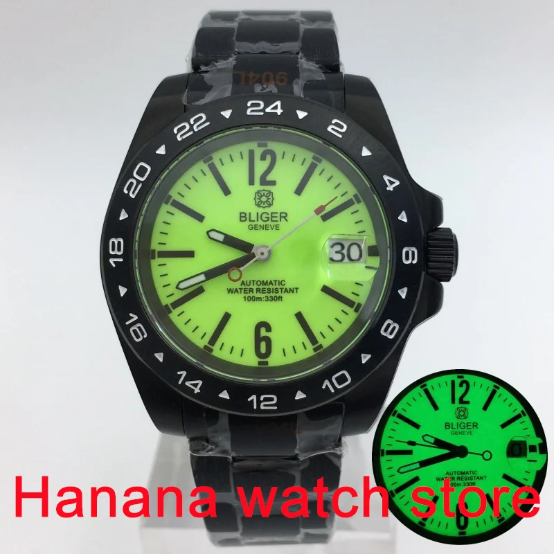 

BLIGER new black PVD case Japanese NH35 automatic mechanical 40mm men's watch fluorescent green dial all luminous sapphire glass