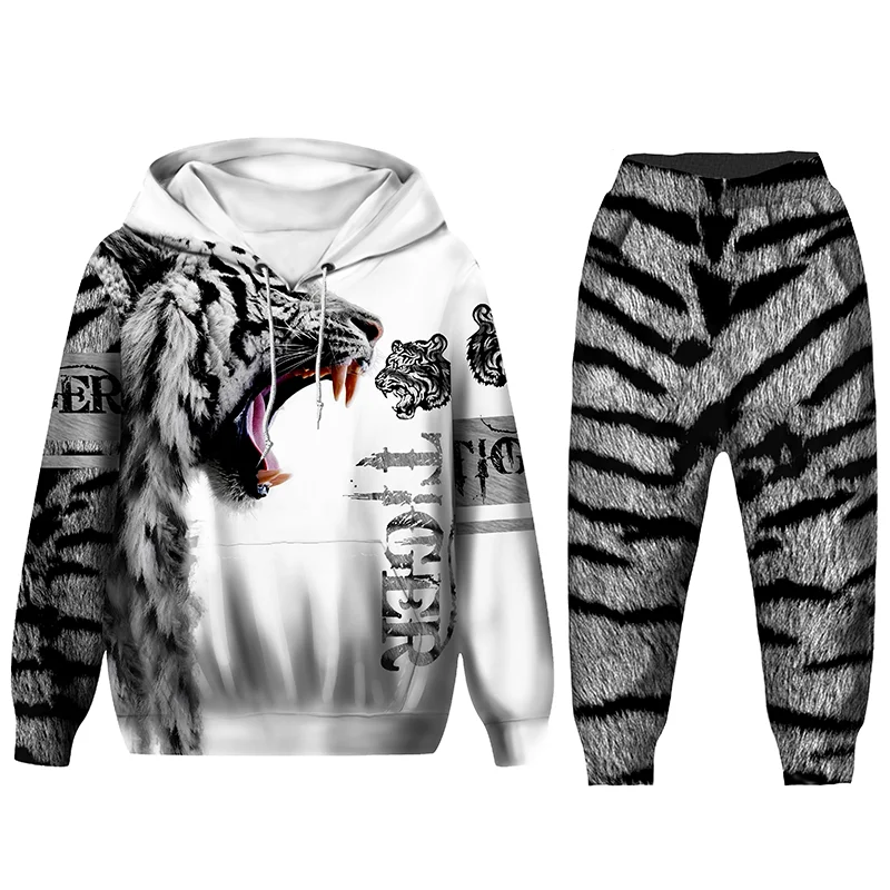 

New Tiger 3D Printed Men Hooded Sweatshirts Teen Kids Casual Whiter Tiger Hoodies Pants Tracksuits 2pc Set Boys Clothing Suit