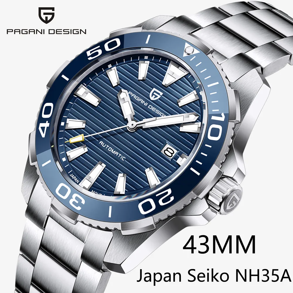 

PAGANI DESIGN New Japan Seiko NH35A Business Men's Mechanical Wristwatch 100M Waterproof Ceramic Bezel Watches Full Steel Clock
