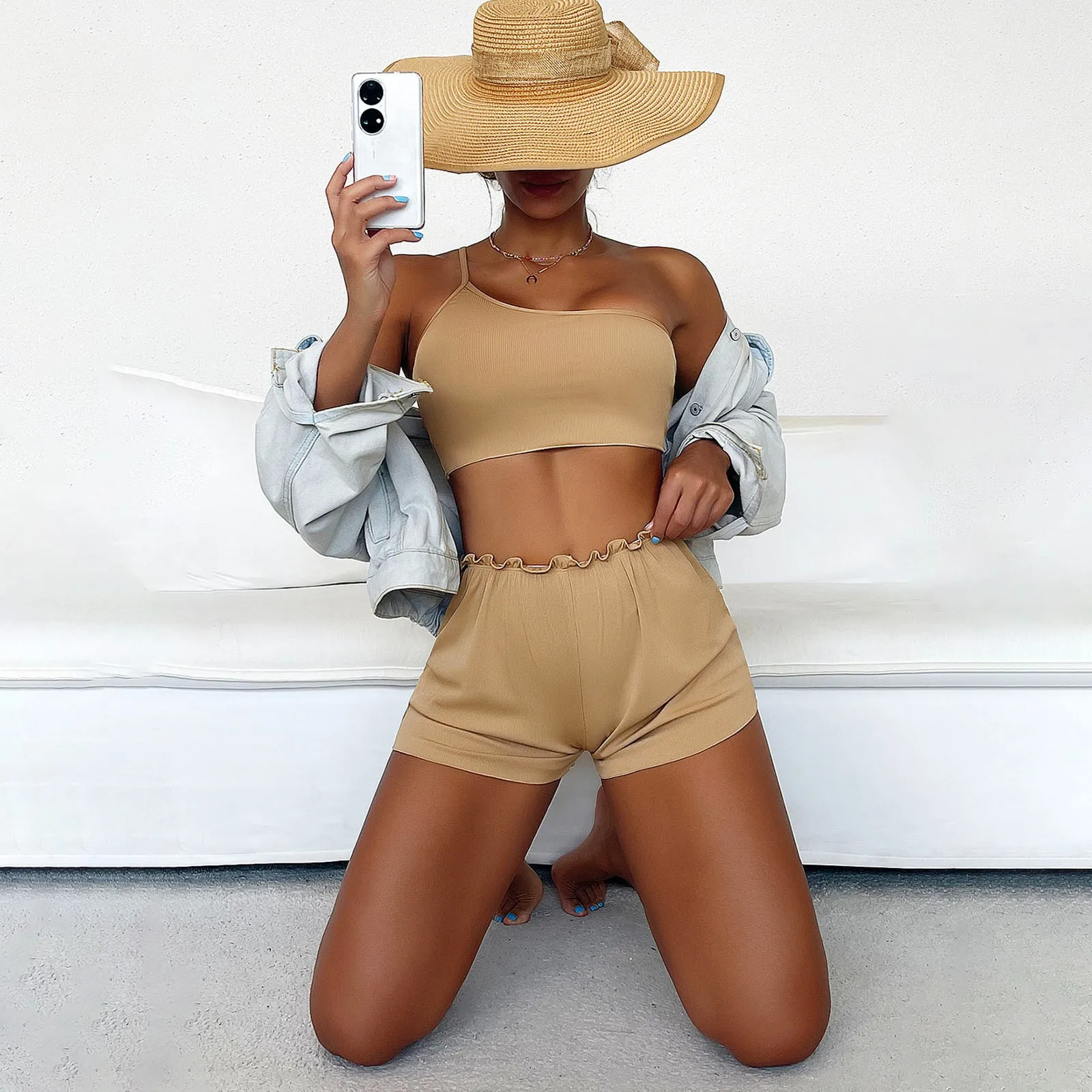 

Женский купальник с саронгом, однотонный соблазнительный купальник из трех предметов, раздельные шорты, волнистые купальники, купальник из...