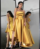 short satin yellow evening dresses with sash muslim %d9%81%d8%b3%d8%a7%d8%aa%d9%8a%d9%86 %d8%a7%d9%84%d8%b3%d9%87%d8%b1%d8%a9 a line pleated tea length prom dress robe de soir%c3%a9e for women