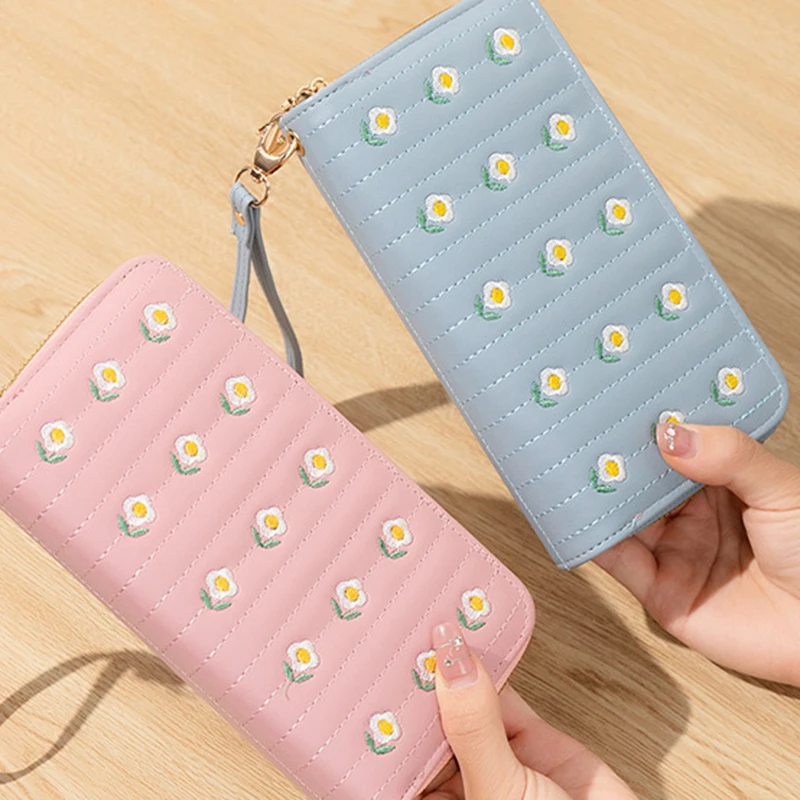 Flower Long Women's Wallet Female Purses Coin Purse Card Holder Wallets Double Zipper Pu Leather Clutch Luxury Money Phone Bag