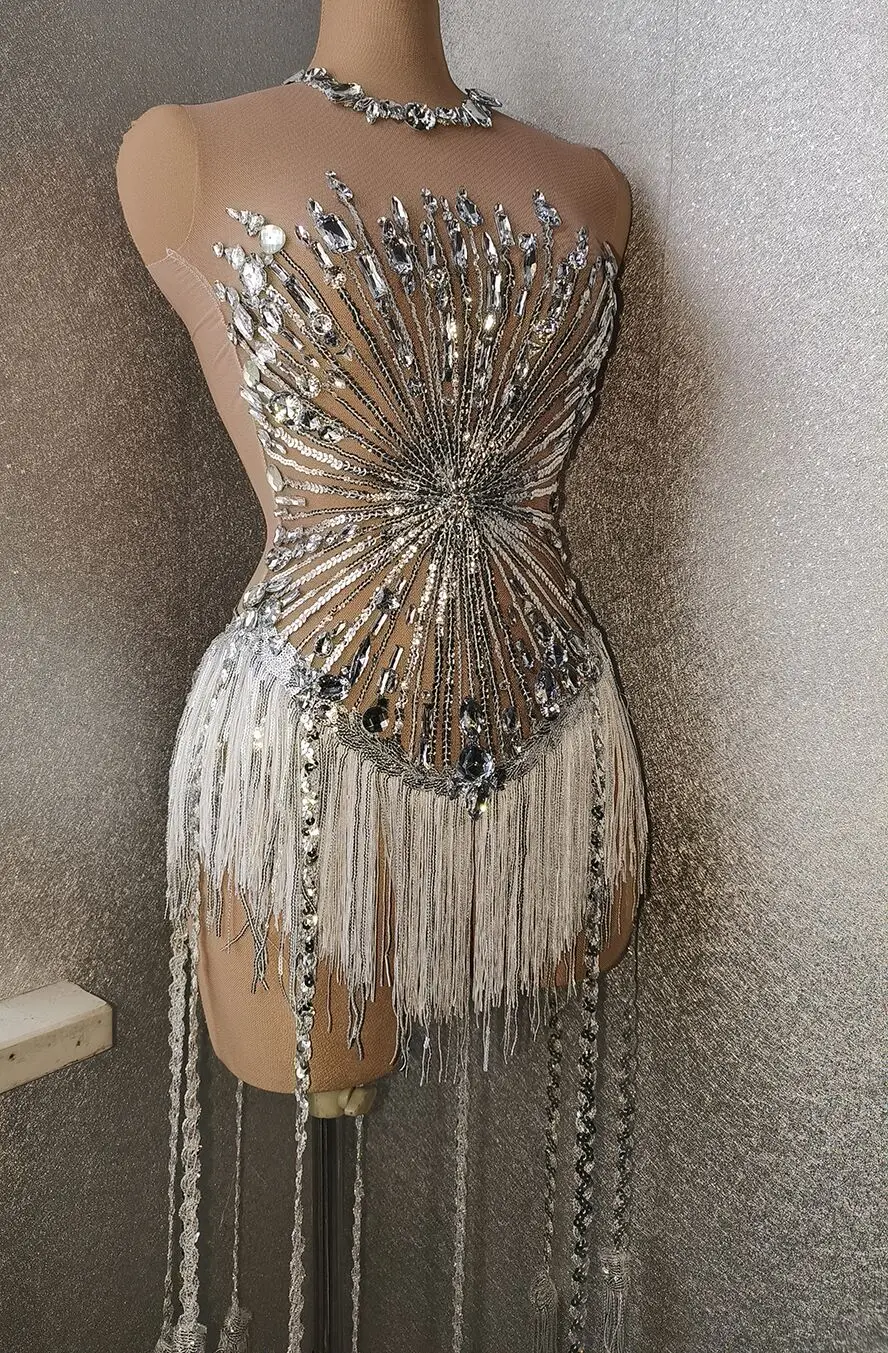 

Sparkly Crystals Sequins Fringes Transparent Bodysuit Dress Evening Birthday Celebrate Costume Women Dancer Show Outfit