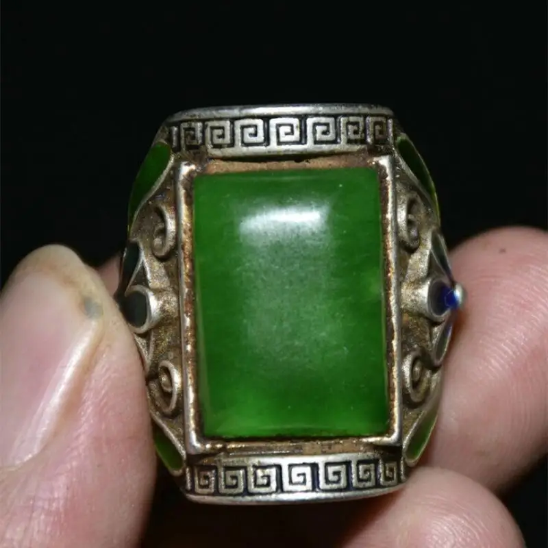 

1.2" Old China Enamel Silver Inlay Green Jade Gem Dynasty Palace Finger Ring