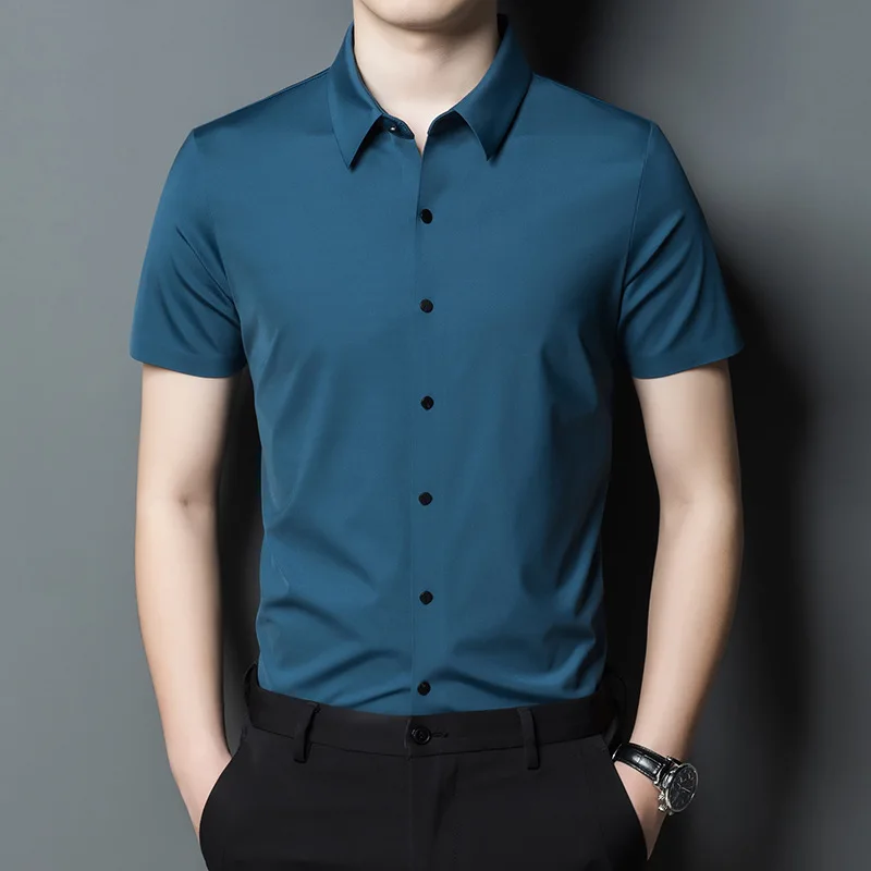 

Summer short sleeve Brocade ammonia no trace shirt men's high-end brocade ammonia elastic skin ice half sleeve shirt thin
