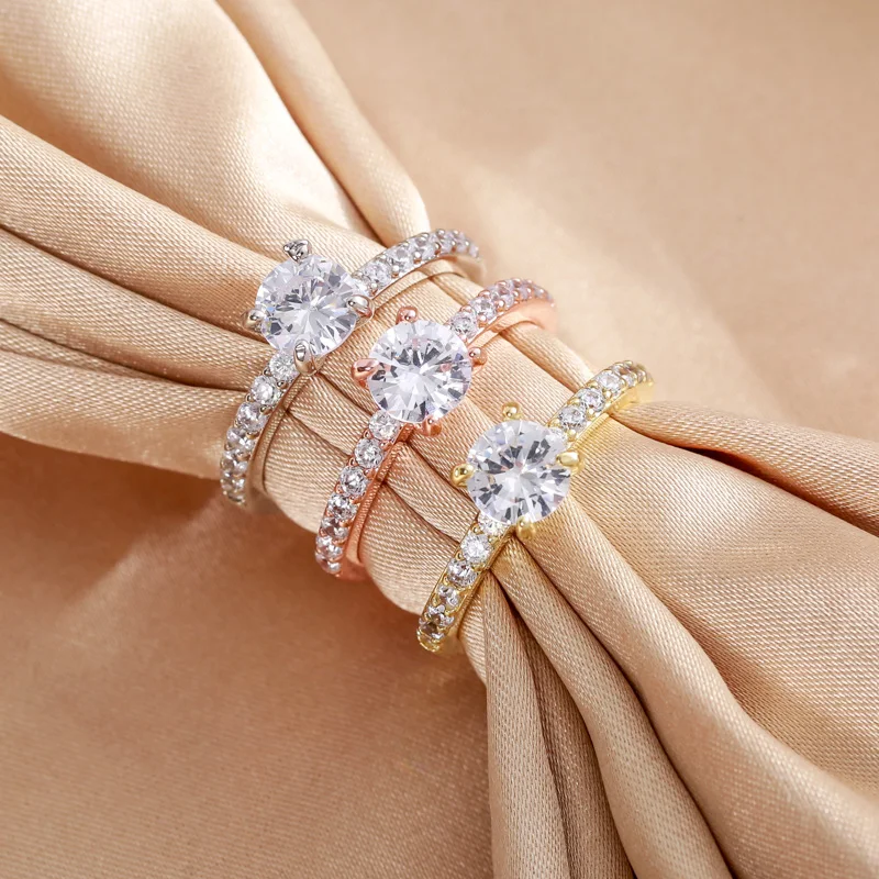 

New Female Fashion Simple Jewelry White Round Micro Zircon Crystal Four Claw Carat Women Ring for Party Jewelry