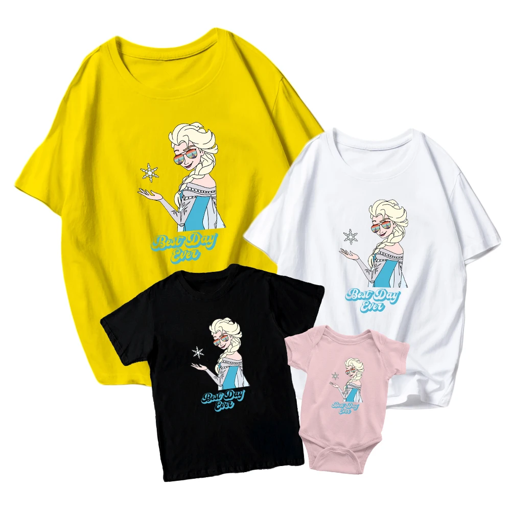 

Disney Elsa Princess with Sunglasses Baby Girl Boy Romper Casual Kids Short Sleeve Family Matching Unisex Adult T-Shirt