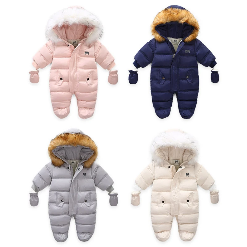 Thick Warm Infant Baby Jumpsuit Hooded Inside Fleece Boy Girl Winter Autumn Overalls Children Outerwear Kids Snowsuit